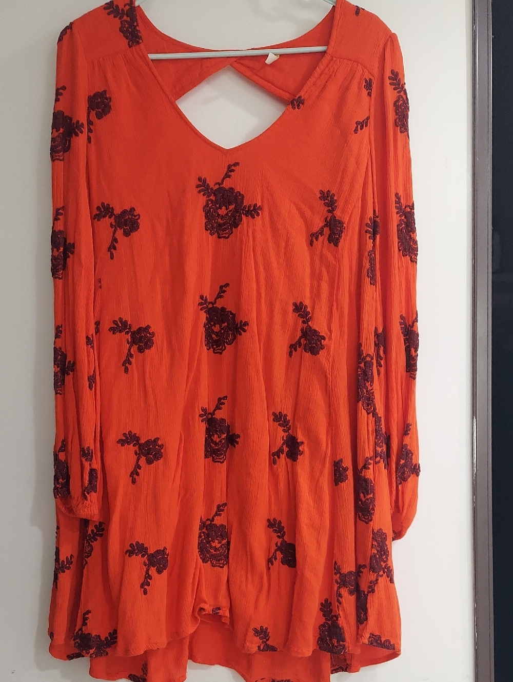 Free People Orange Midi Dress with Black Floral Embroidery